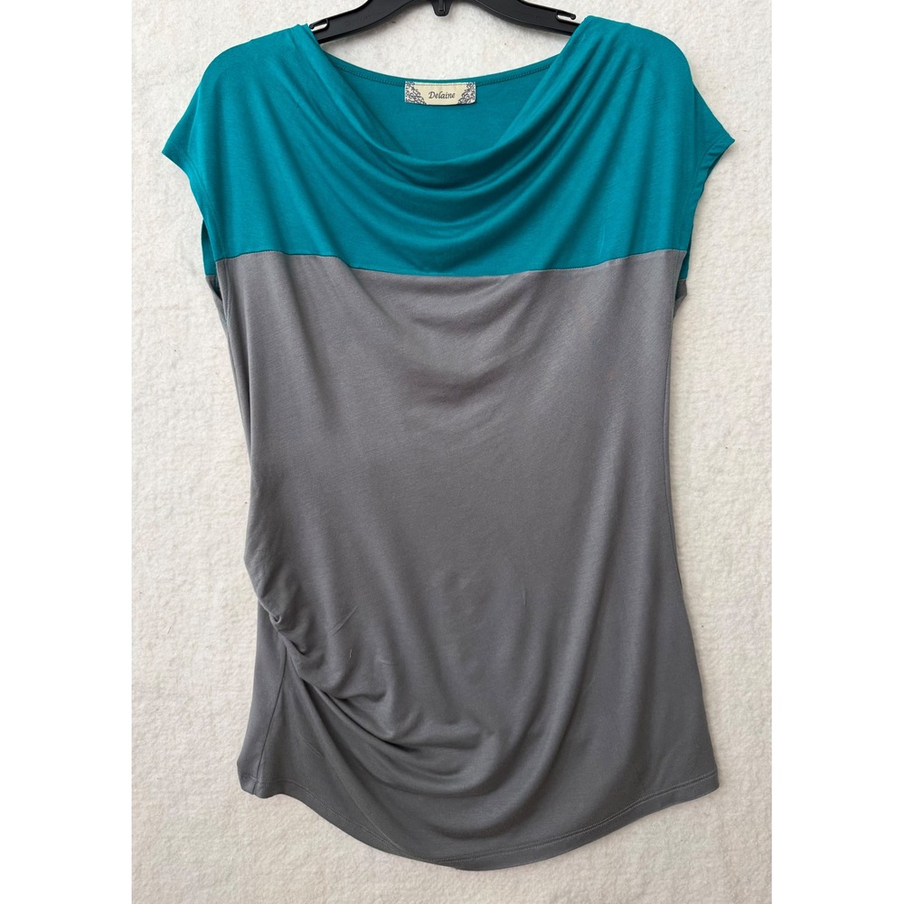 Delaine Teal Gray Colorblock Cowl Neck Ruched Top Womens Medium Made in USA